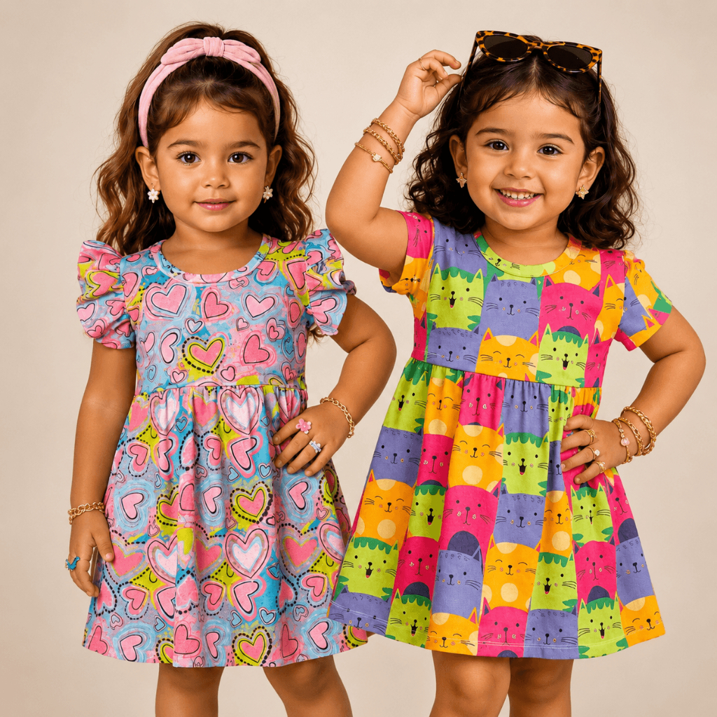 Vestido Infantil Menina | Estampado Coração e Gatinho |  Vestido Infantil Verão Tamanho 1 ao 10