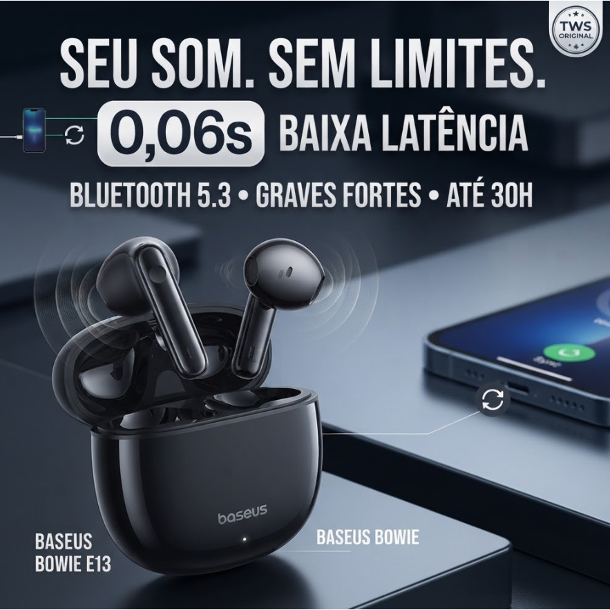 Fone Bluetooth Baseus Bowie E13 TWS 5.3 Grave Forte Baixa Latência Original