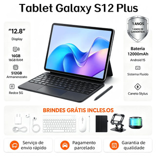 【Teclado e mouse gratuitos】Tablet Galaxy S12 Plus Tablet 12,8 polegadas 16 GB + 512 GB 12000 mAh Android 5G Dual-SIM