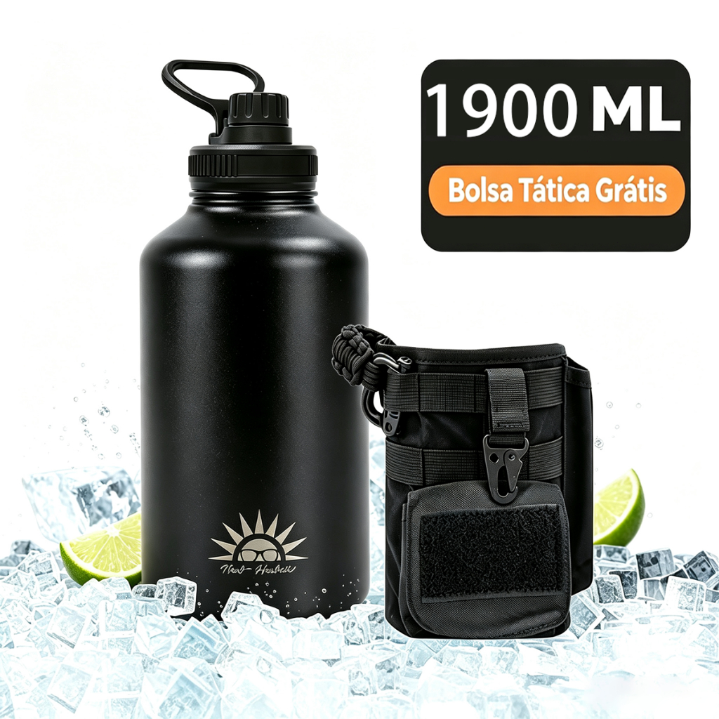 Garrafa Térmica 1,9ML Grande Capacidade + Bolsa Tática Resistente, Compatível com Garrafas Grandes para Trilha e Pesca