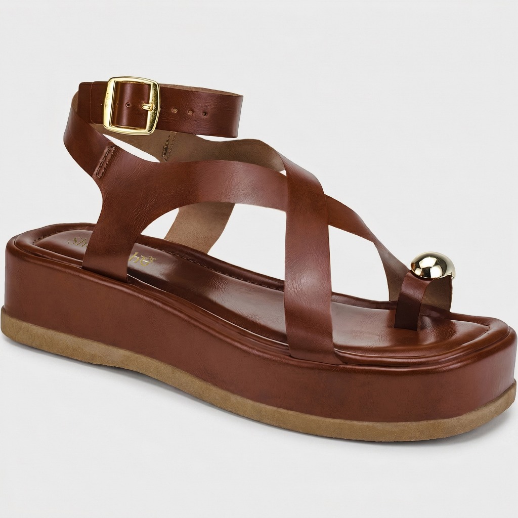 Sandália Feminina Shekinah Flatform Papete Plana Confortável Tiras Fivela Enfeite Metalizado Chique
