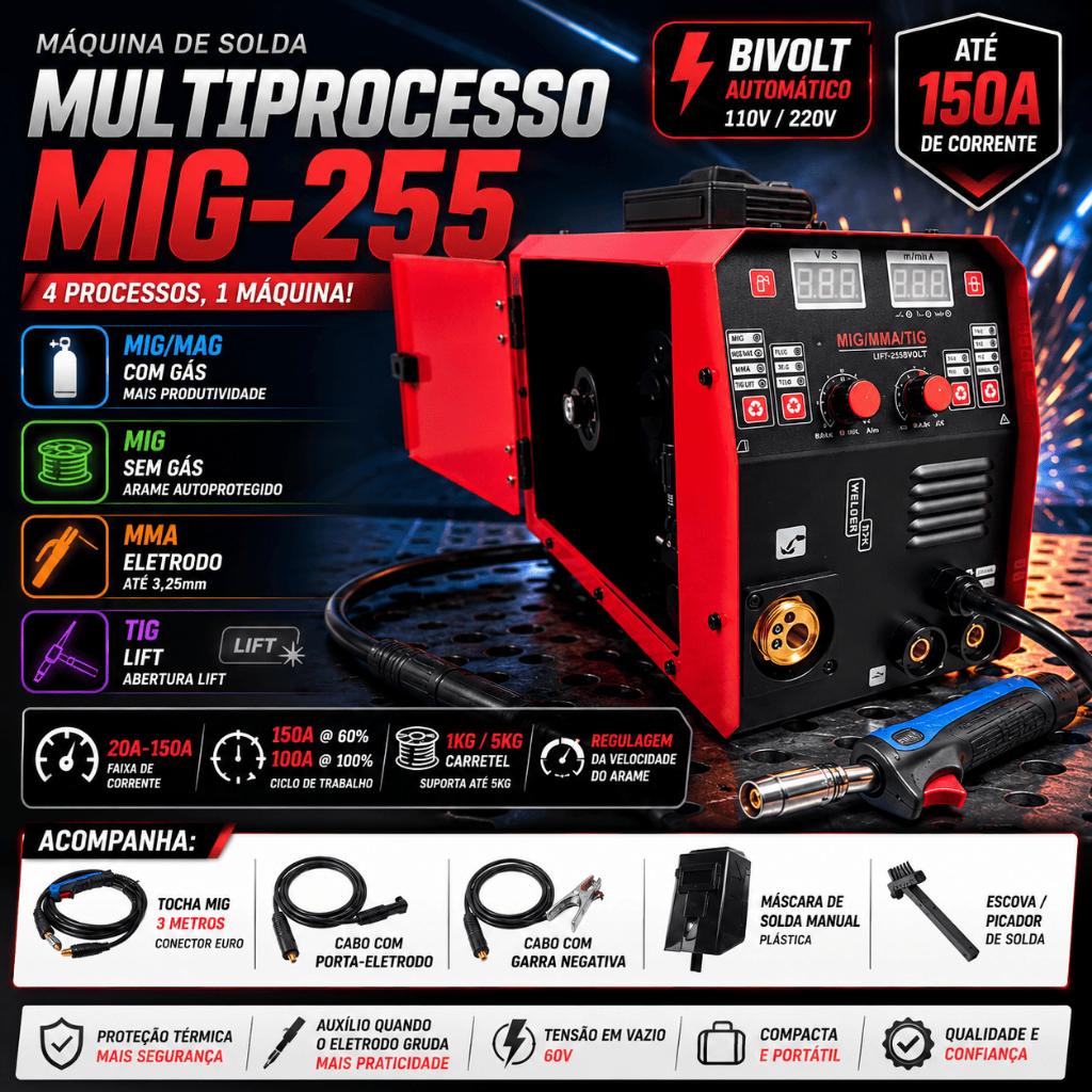 Máquina Solda MIG MAG MMA TIG Lift 150A Bivolt Automático 110/220V Euro 5kg USK MIG-255