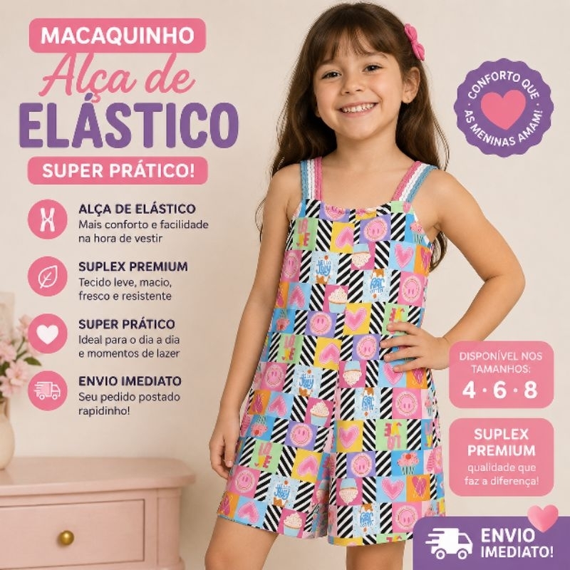 Macacão Infantil Suplex Premium Menina Alça Verão Confortável Estampado 4 ao 8 Anos Envio Imediato