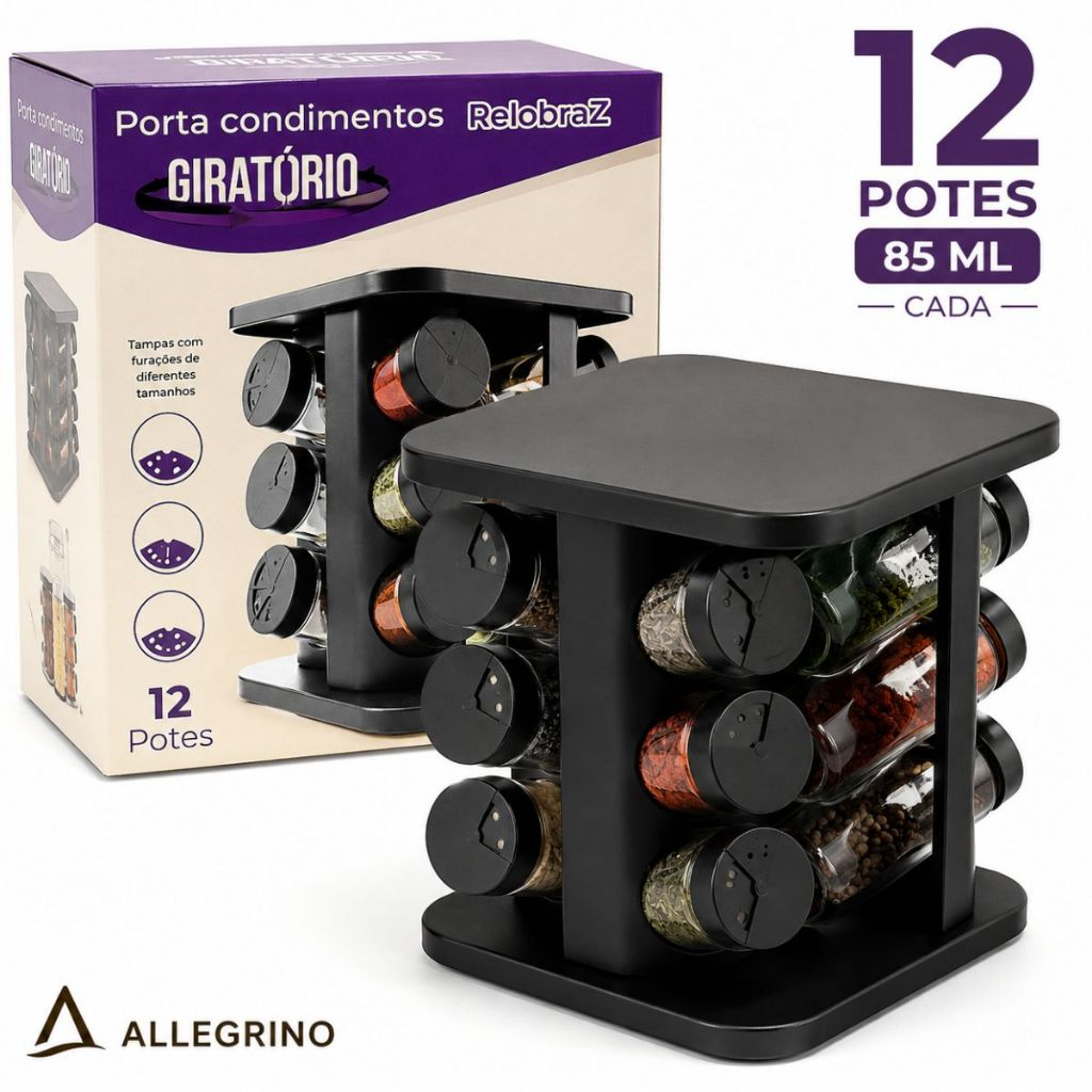 Organizador de Temperos Giratório 12 Potes 85ml Porta Condimentos Cozinha Preto