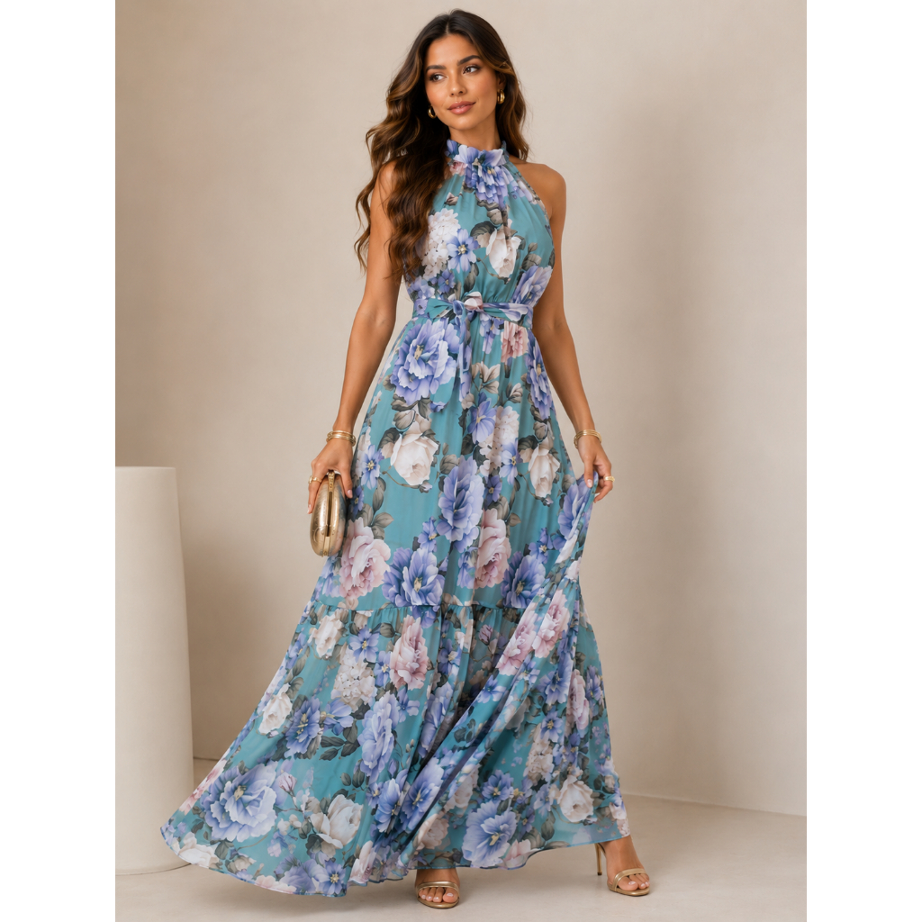 Vestido Florido Gola alta com ajuste na cintura e caimento fluido.