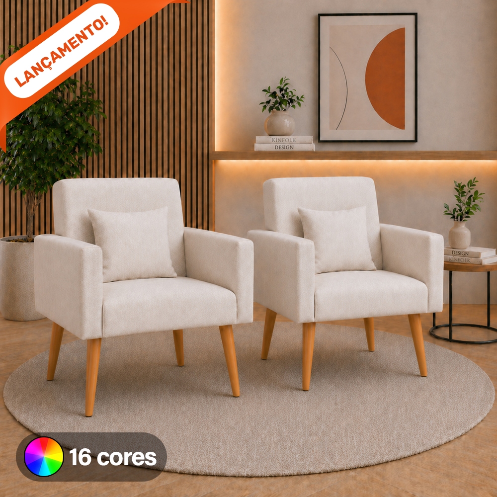 Kit 02 Poltronas para Sala Decorativa Nina com Almofada Pés Palito Suede Aninha Poltronas