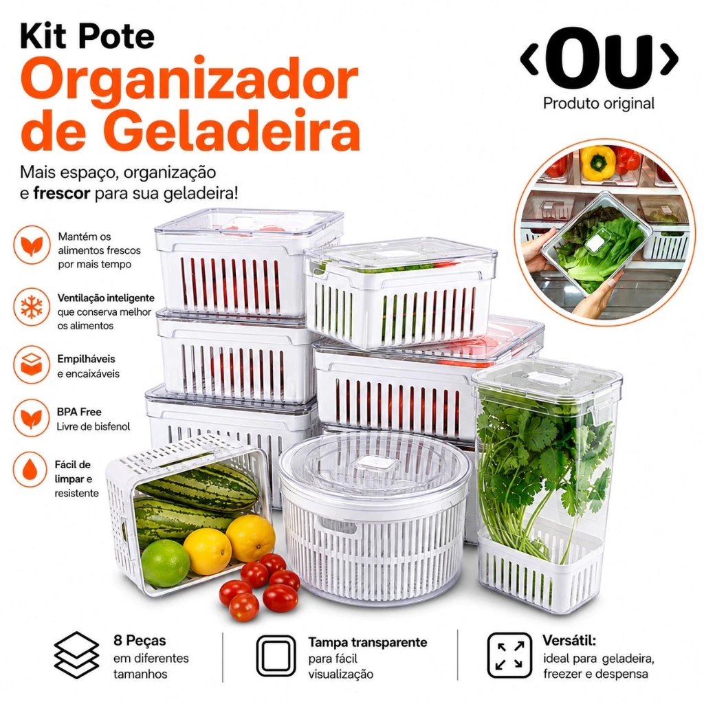 Kit Pote Organizador de Geladeira Com Escorredor Cesto Tampa Multiuso Alimentos Verdura Vegetais OU