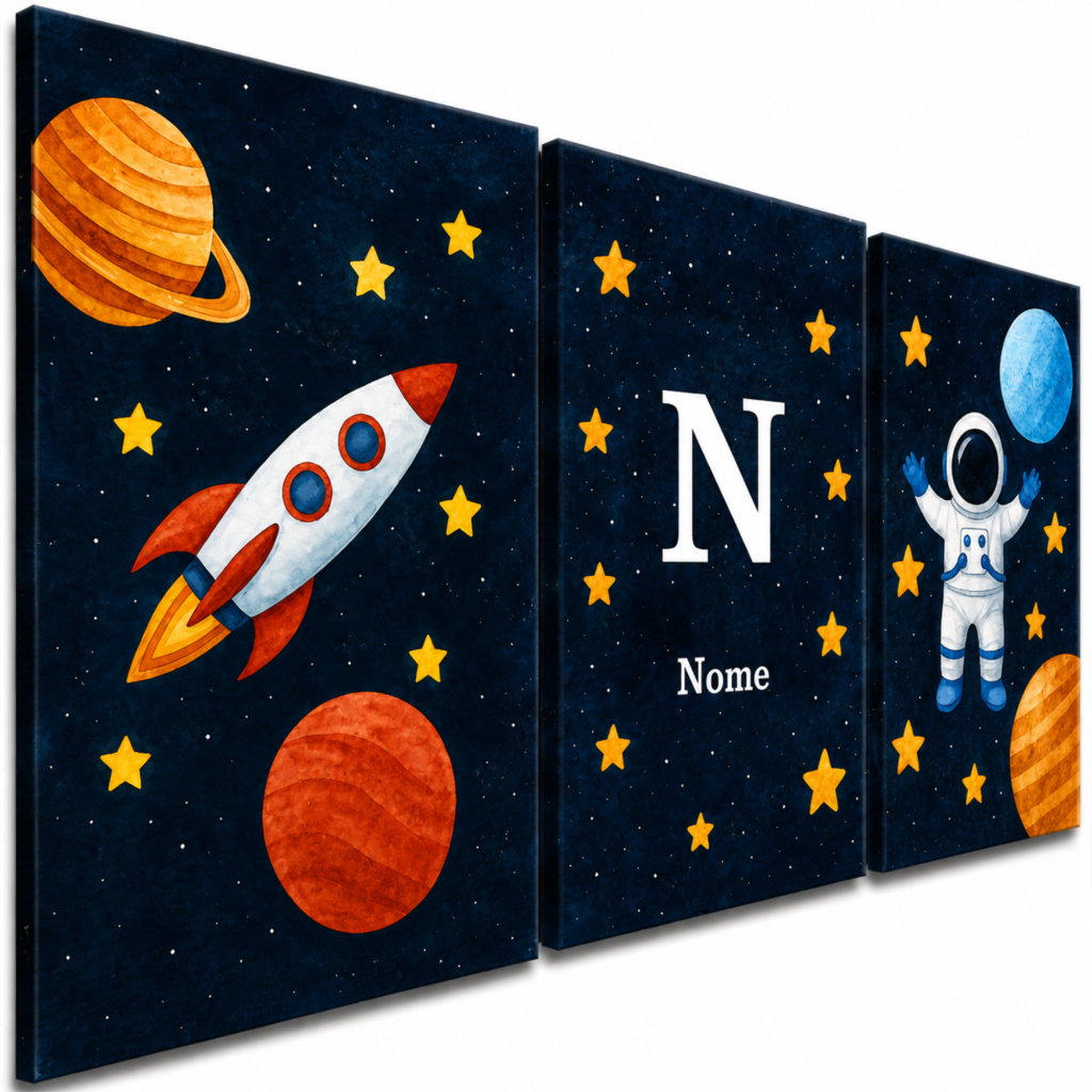 Kit 3 Peças Decorativas Quadro Infantil Espaço Sideral - Astronauta Foguete e Nome da Criança Personalizado
