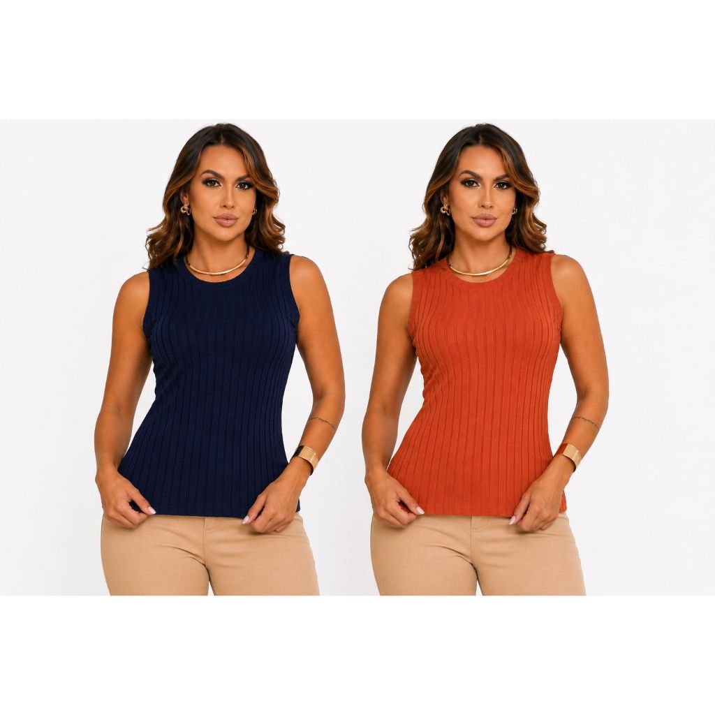 Kit 2 Blusas Femininas Cavada Canelada Premium Regata Gola Redonda