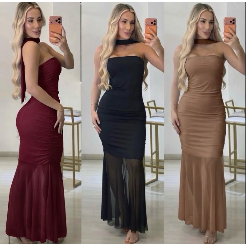 Vestido Longo Feminino Suplex Sereia No Tule Franzido Elegante Modinha — imagem 1