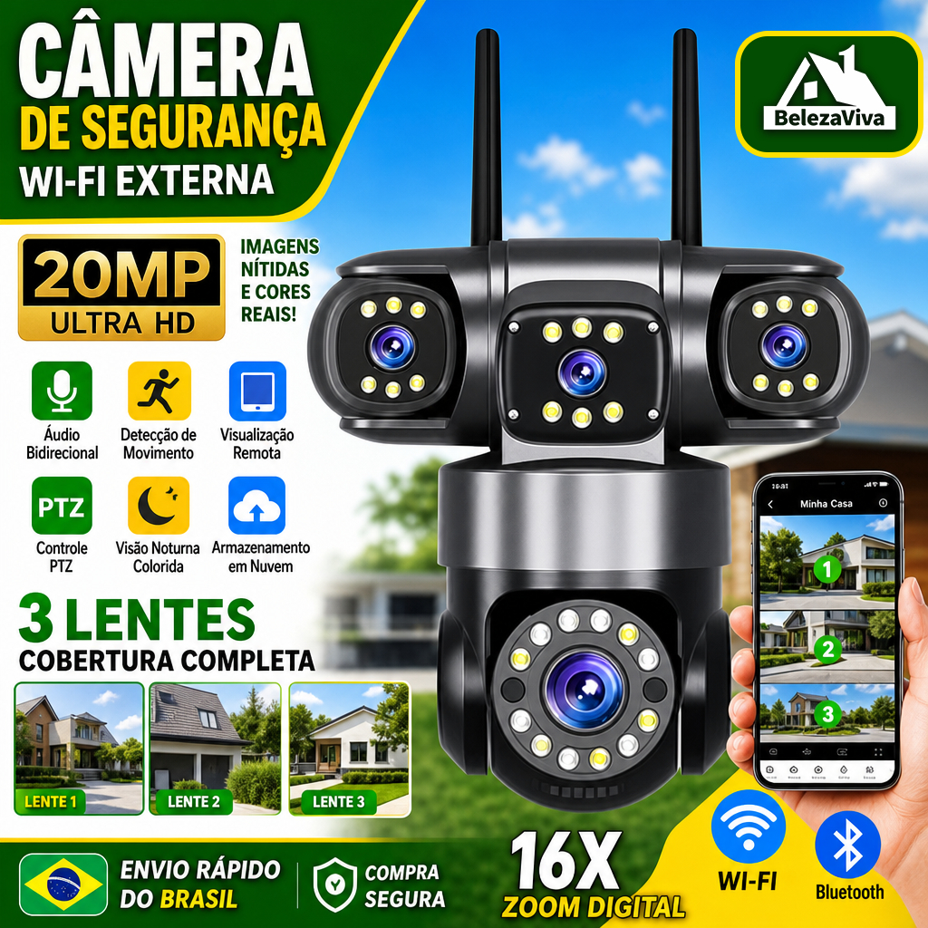 Câmera Segurança WiFi 3 Lentes 360° 4K Visão Noturna Detecção Movimento Remoto Celular Preto P16