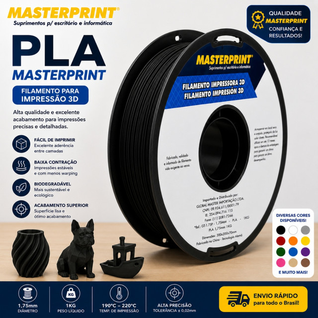 Filamento PLA/ PETG Masterprint 1KG 1,75mm para Impressora 3D Alta Qualidade Diversas Cores