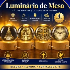 Luminária Mesa Bola de Cristal Catolica Base Madeira Bivolt com Luz LED 3d Decorativa