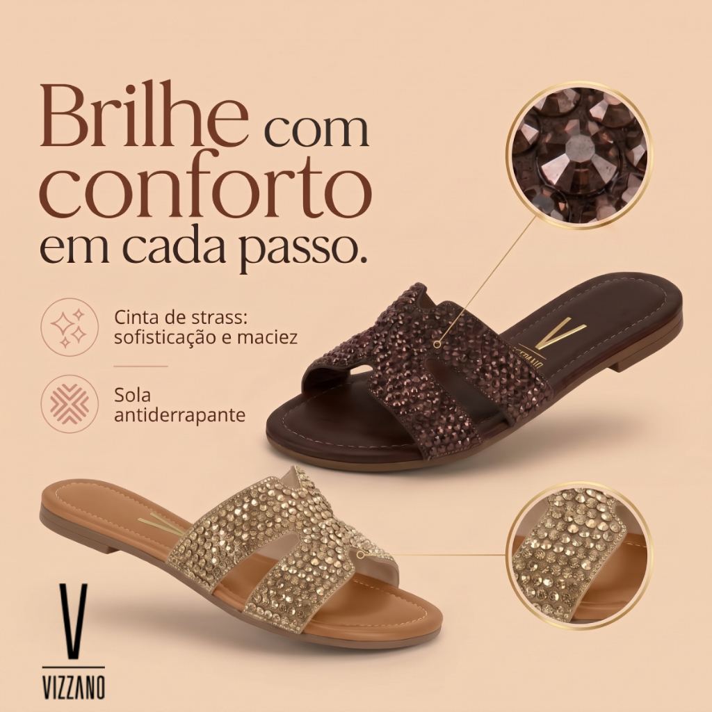Sandália Feminina Vizzano Rasteira Tamanco Rasteirinha Tiras Cruzadas Strass Confortável Original
