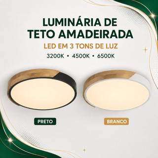 Plafon New Meio Madeira Com Metal 3 Cores Em 1 Luminária De Teto Wood Amadeirada Led Natural Preto Moderno Clean LED