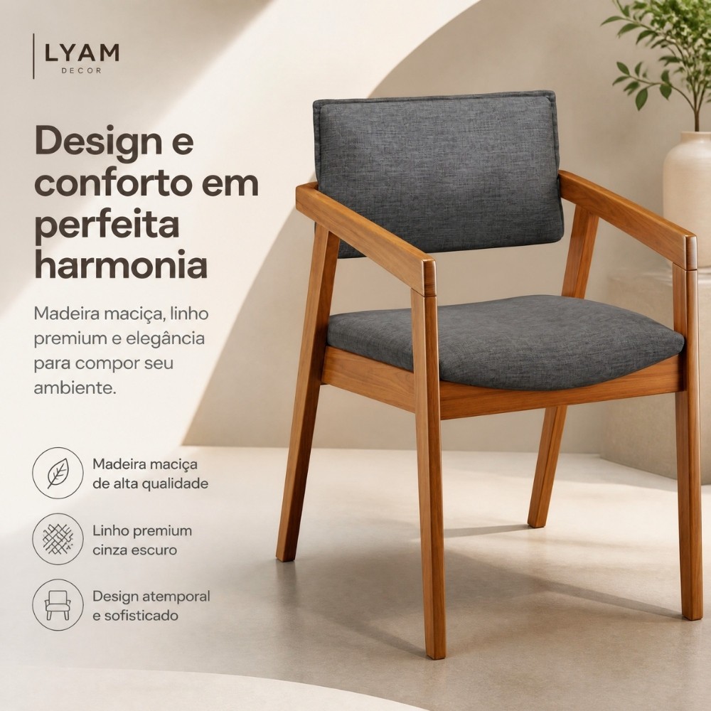 Cadeira Para Sala de Jantar Estar Living Giorgia L02 Linho Cinza Escuro - Lyam Decor