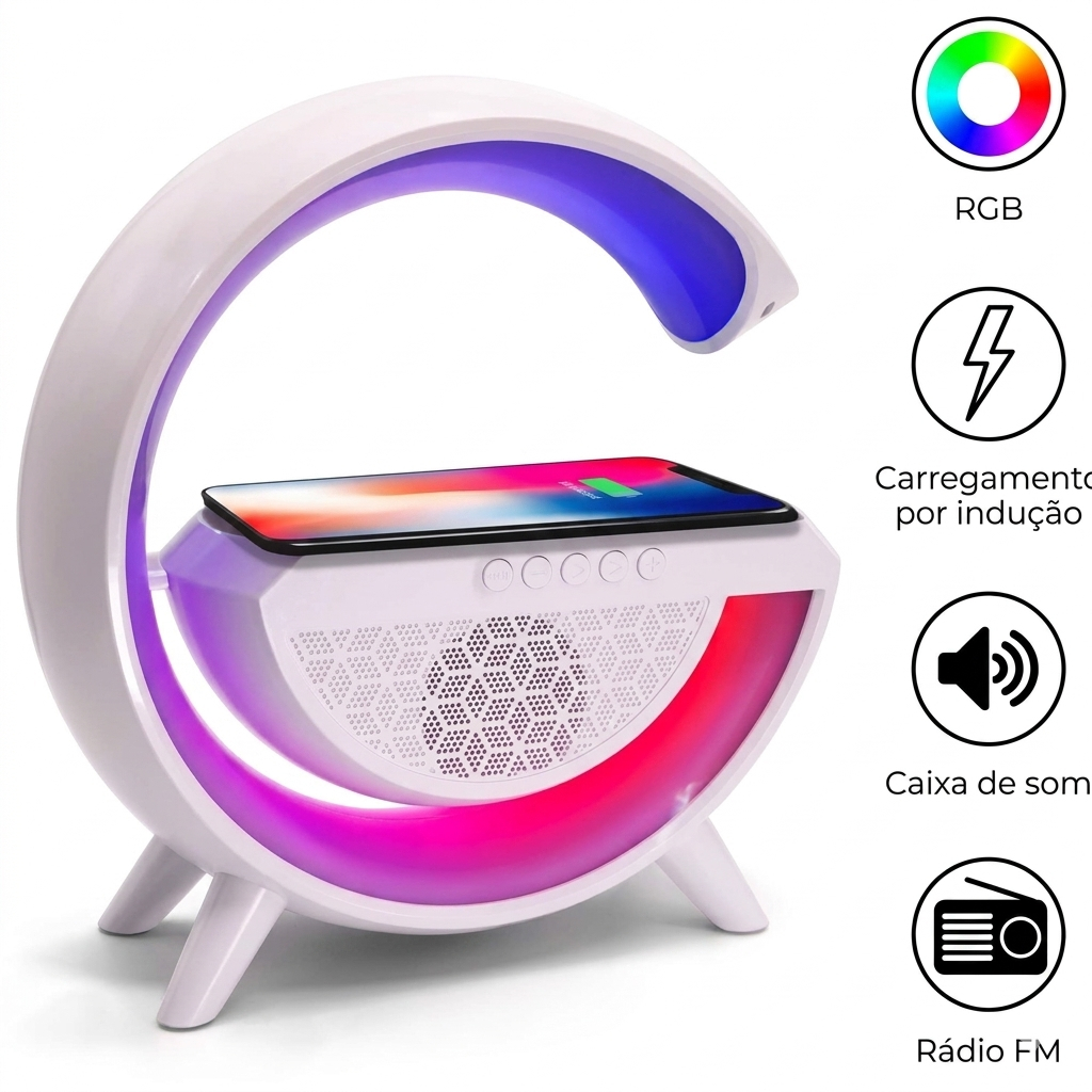 Luminária Caixa de Som Bluetooth G-Speaker com Carregador sem Fio por Indução e LED RGB