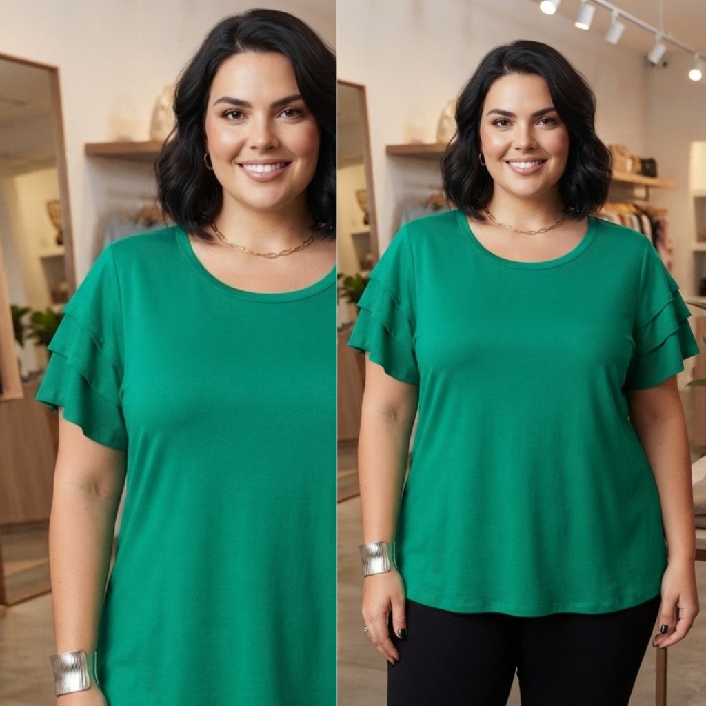 Blusa Plus Size Feminina Básica Com Babado Manga Viscolycra Até 54 Soltinha Fresca