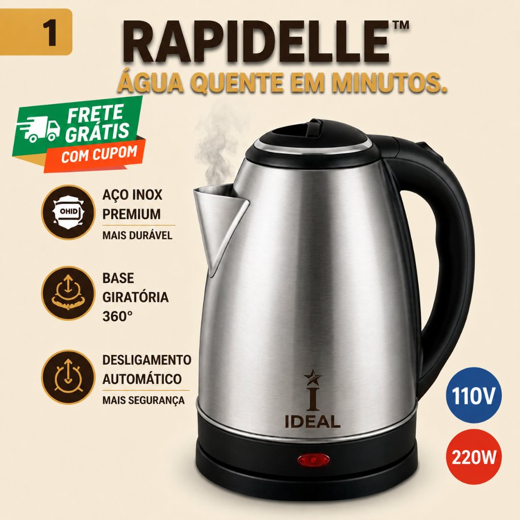 Chaleira Elétrica Inox 1,8L  Premium Base Giratória 360° Desligamento Automático RapiDelle- IDEAL