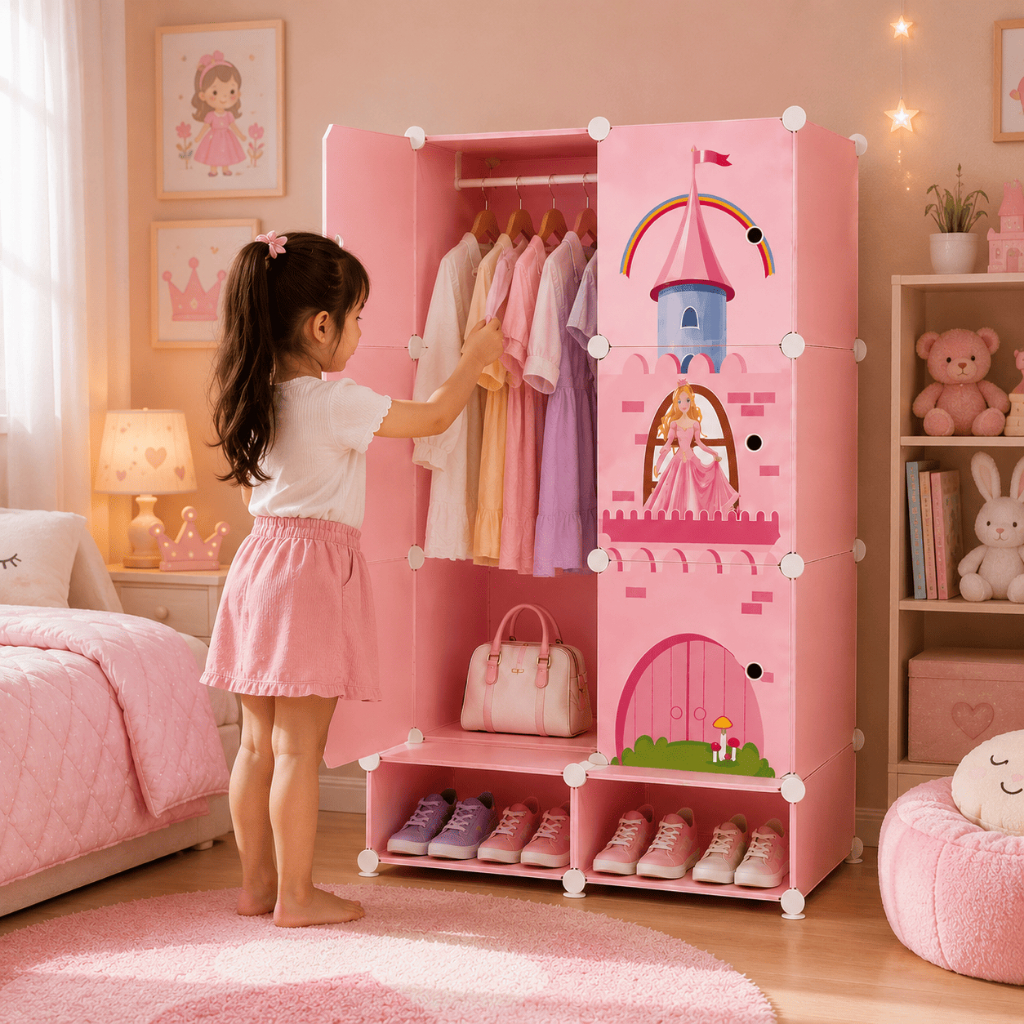 Armário Guarda roupa Modular Infantil Castelo de Princesa Rosa Menina Com Porta Sapatos