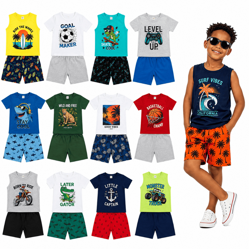 Kit 4 peças Conjunto Verão Infantil e Juvenil Masculino 2 Conjuntos Menino Tamanho 01 ao 14