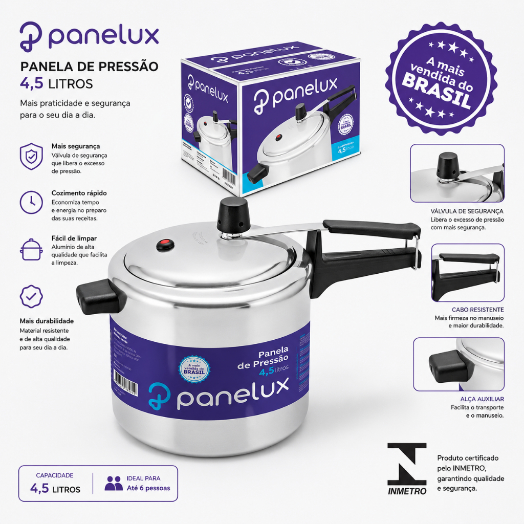 Panela De Pressão 4,5litros Panelux Linha Classic Alto Brilho Perfeita Para Sua Cozinha