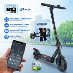 Patinete Elétrico Betec B10 PRO 30 Km/h Velocidade Máxima Motor 500W 10.4Ah App Bluetooth 5 Certificados