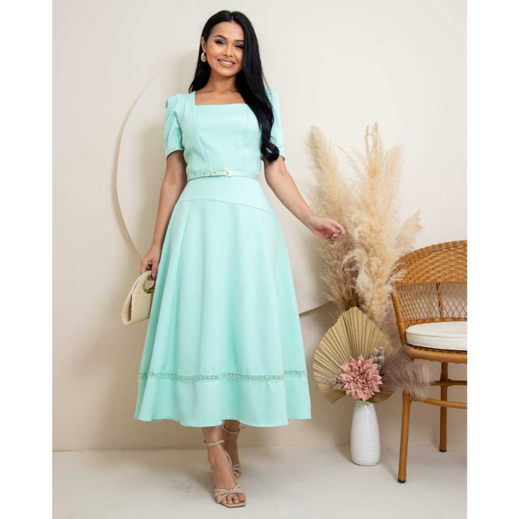 Vestido Midi Evangélico Feminino - Manga Bufante e Saia Rodada