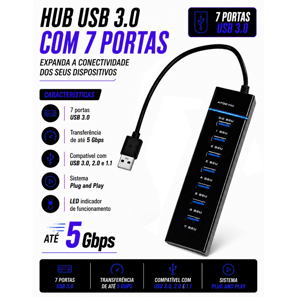 Hub USB 3.0 7 Portas Alta Velocidade 5Gbps com Chaves Individuais e LED Azul para PC Notebook