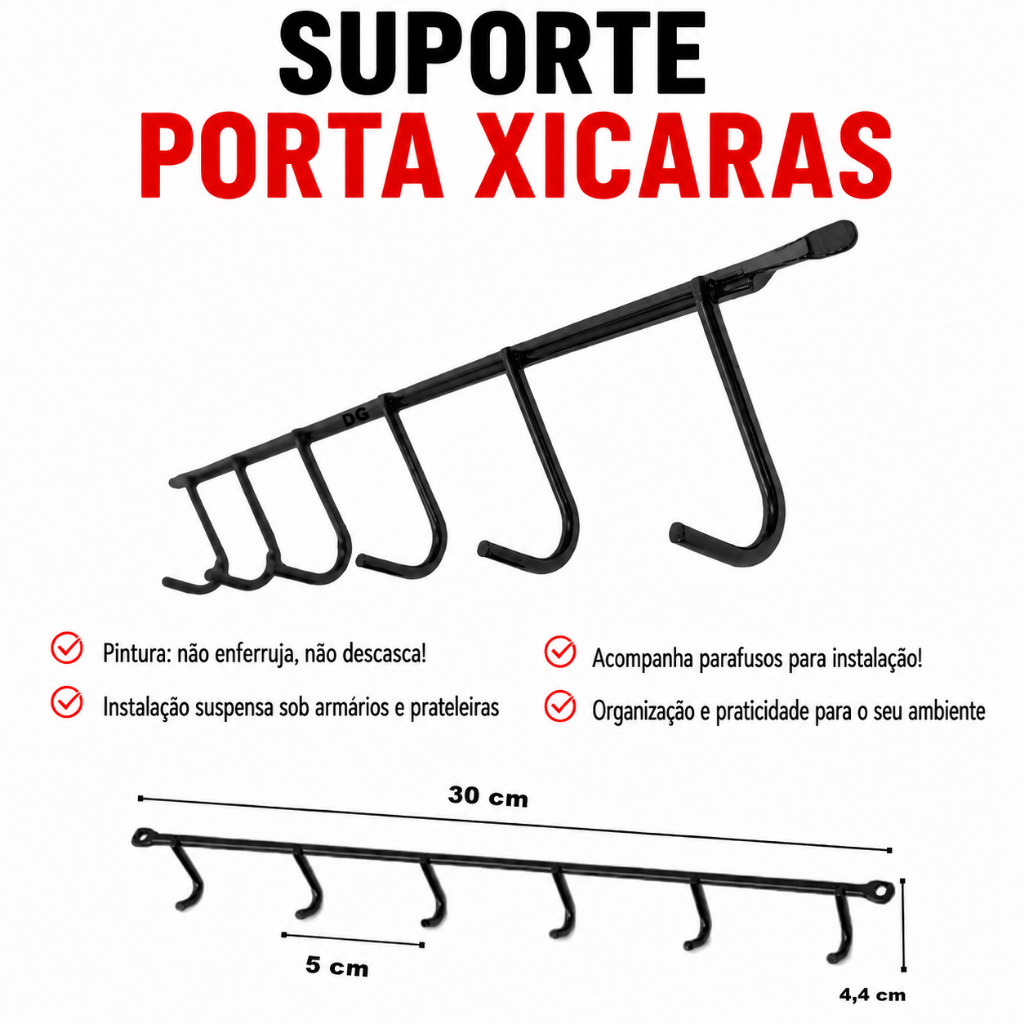 Suporte Organizador Porta Xícaras e Canecas 6 Ganchos Suspenso para Armário