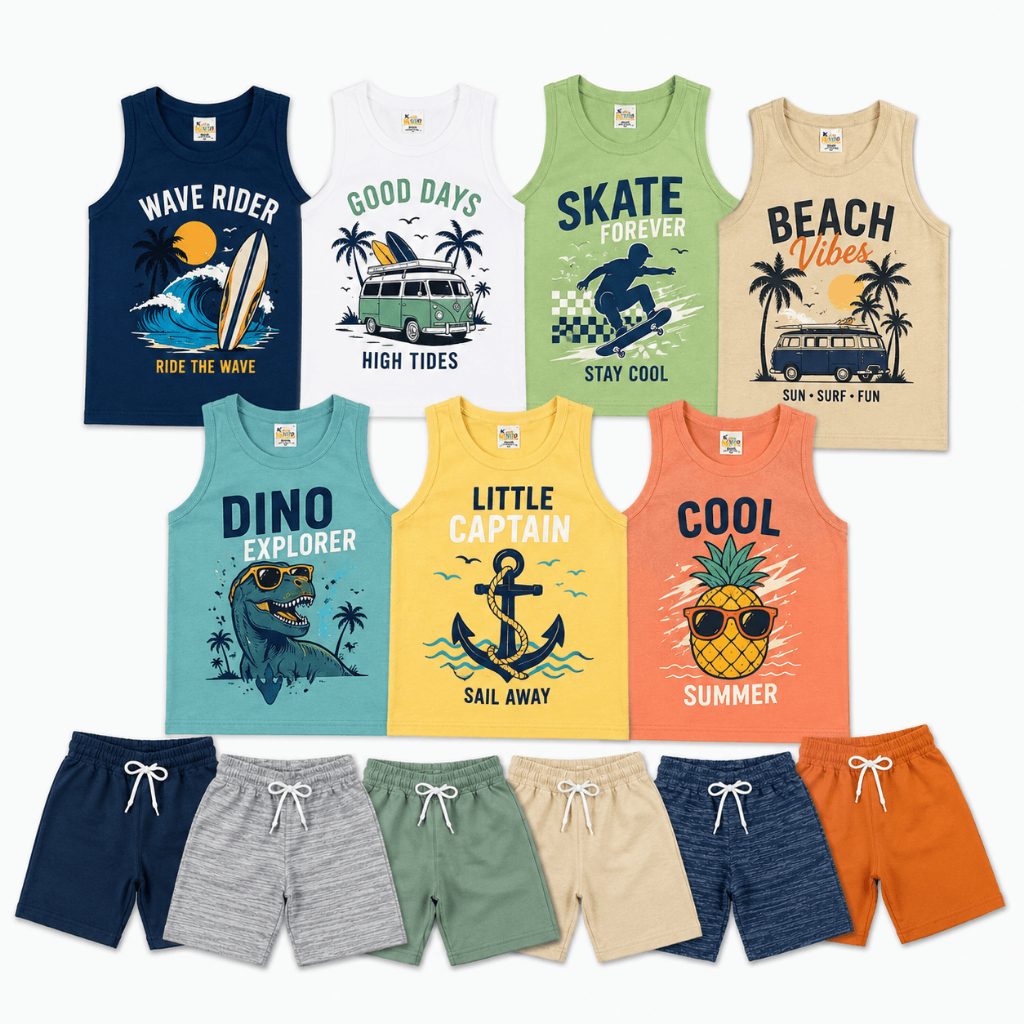 Kit 6 Peças Sortidas Verão 3 Conjuntos de Roupa Infantil Menino 3 Regatas + 3 Bermudas 100% algodão Macio Tamanho 1 ao 8