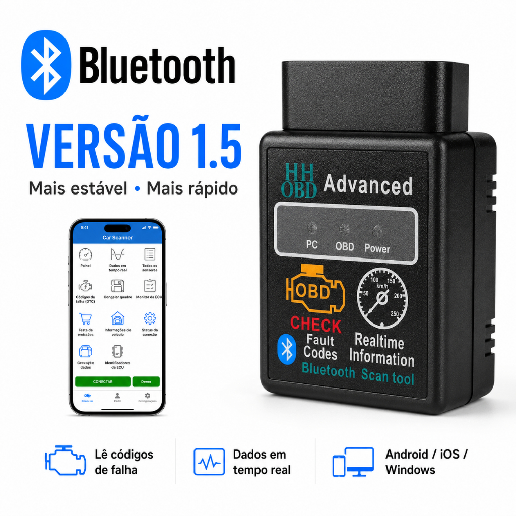 Scanner Automotivo ELM327 V1.5 OBD2 Bluetooth Leitor de Falhas Diagnóstico Android iOS Windows