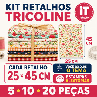 Kit Retalhos Tricoline 100% algodão - 25cm x 45cm de largura 5 10 ou 20 Peças Patchwork, Artesanato, Costura Criativa
