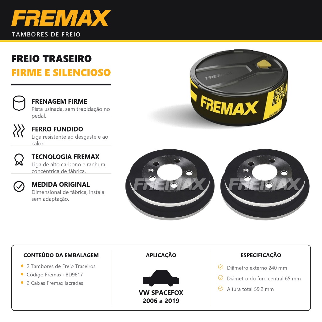 Par Tambor de Freio Traseiro VW SPACEFOX 2006 a 2019 Fremax