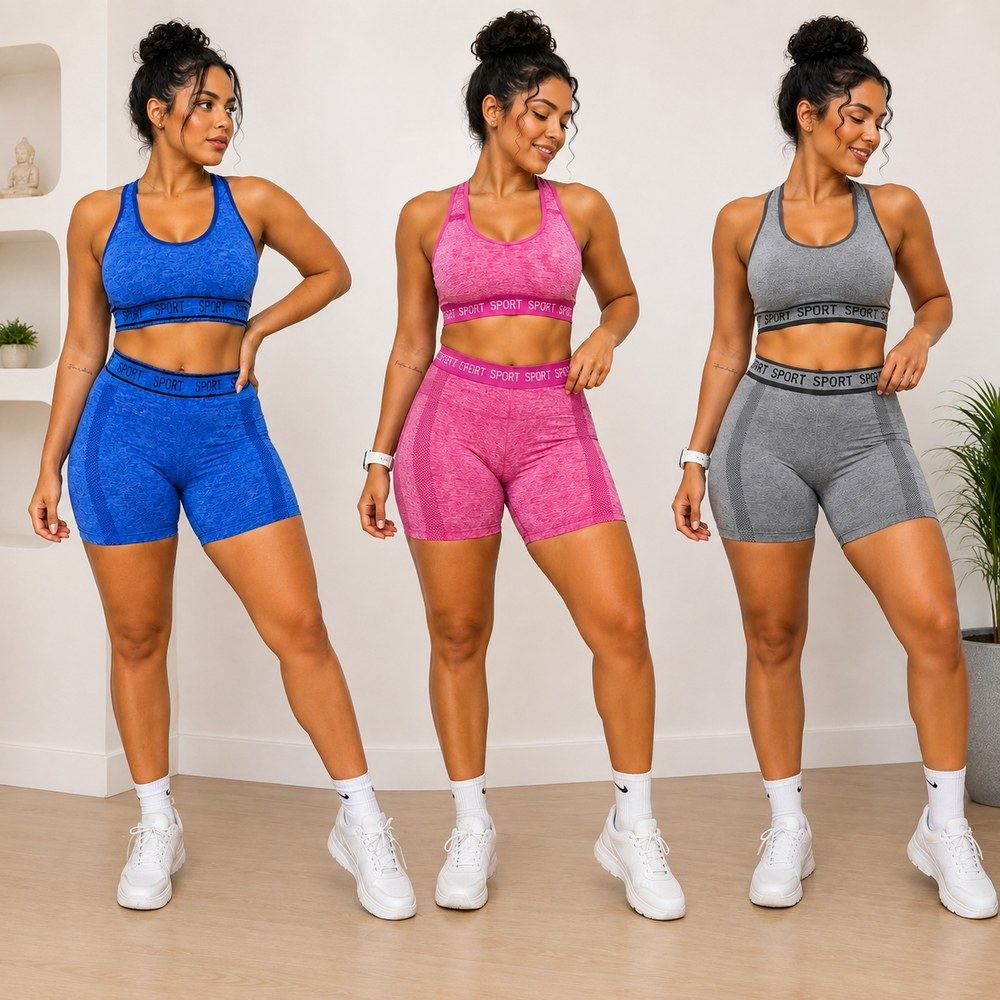 Conjunto Fitness Feminino Top e Short Academia Cintura Alta Modelador Sem Costura Treino Crossfit Esportivo