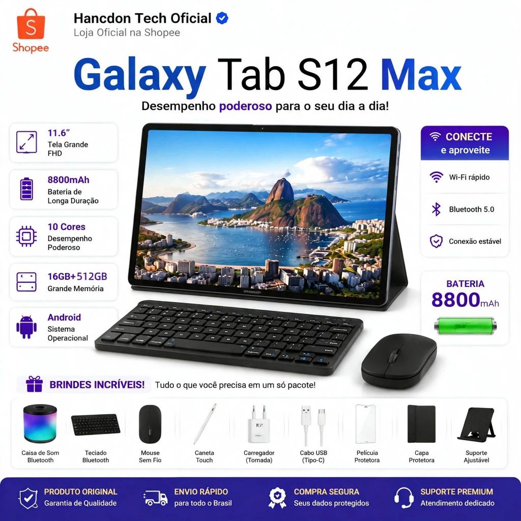Galaxy S12 Max Combo com Teclado e Mouse - 11,6" polegadas 16GB + 512GB Android 8800mAh Ideal para Estudos e Jogos