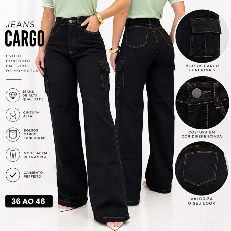 Calça Cargo Jeans Feminina Premium Cintura Alta Bolsos Laterais