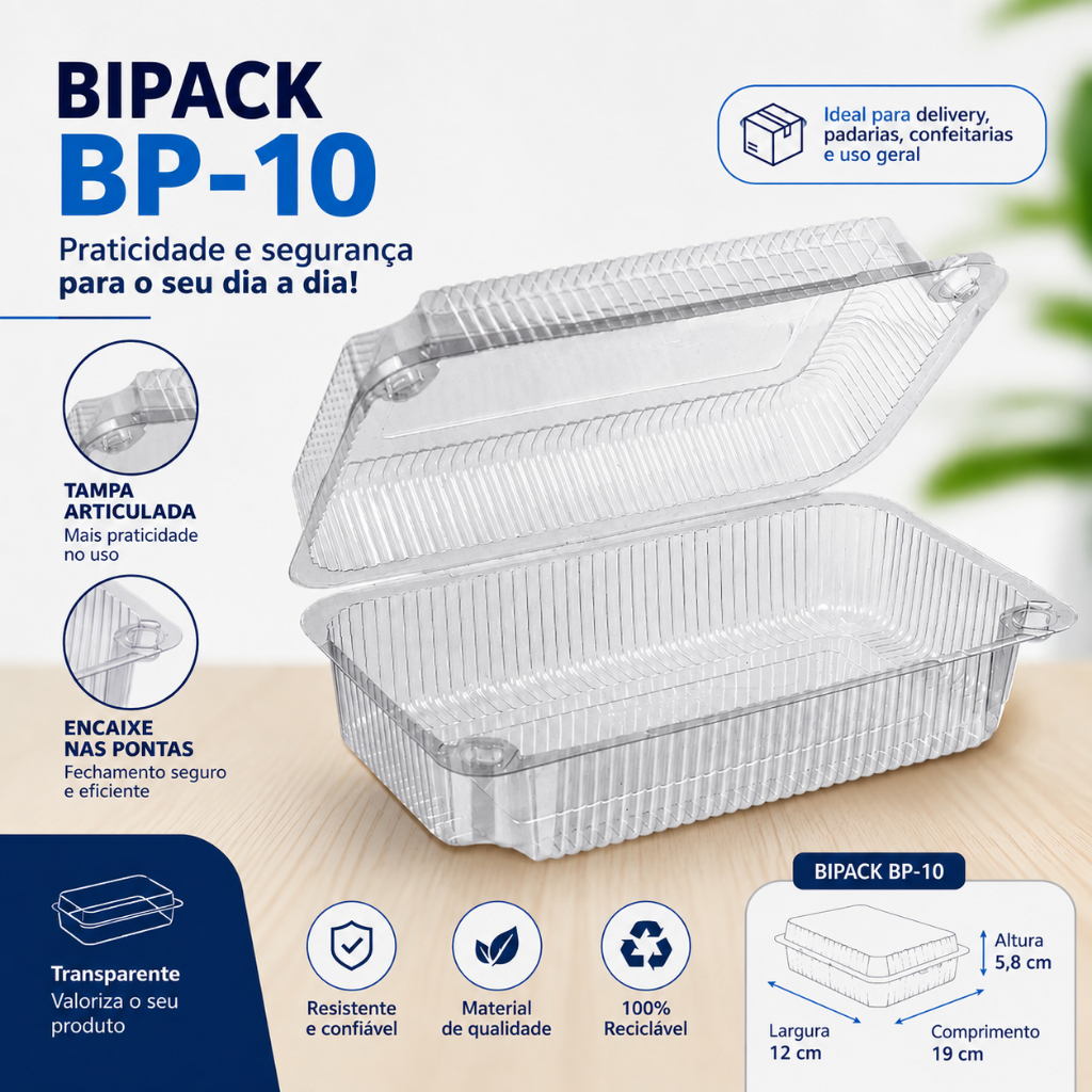 Kit Embalagem BP10 BP-10 Plástica Articulada c/ Tampa 800ml Pote Descartável Retangular para Salgado Doce