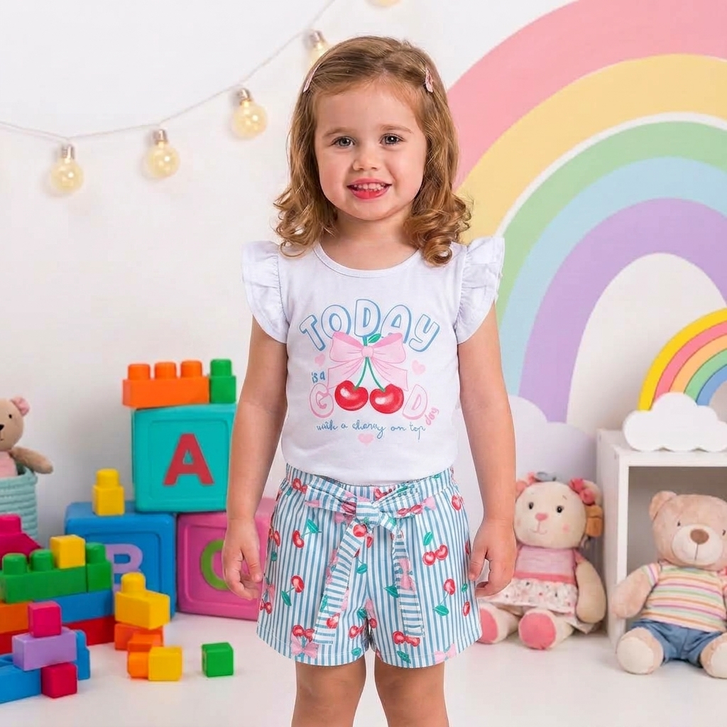 Conjunto Infantil Verão Feminino Cereja LDK - Branco 1 ao 10 Anos