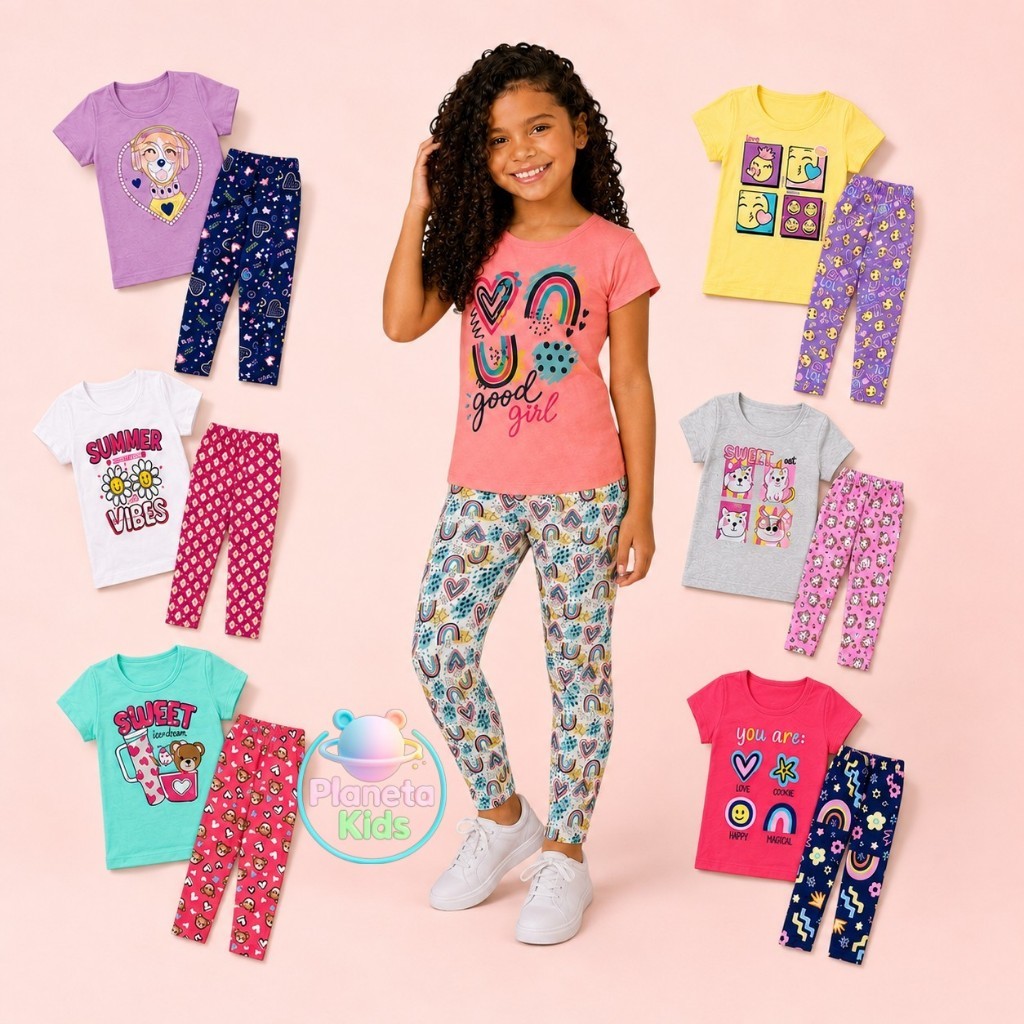 Kit 6 Peças Infantil Juvenil Menina Camiseta e Legging Estampadas Feminino Roupa Infantil Menina