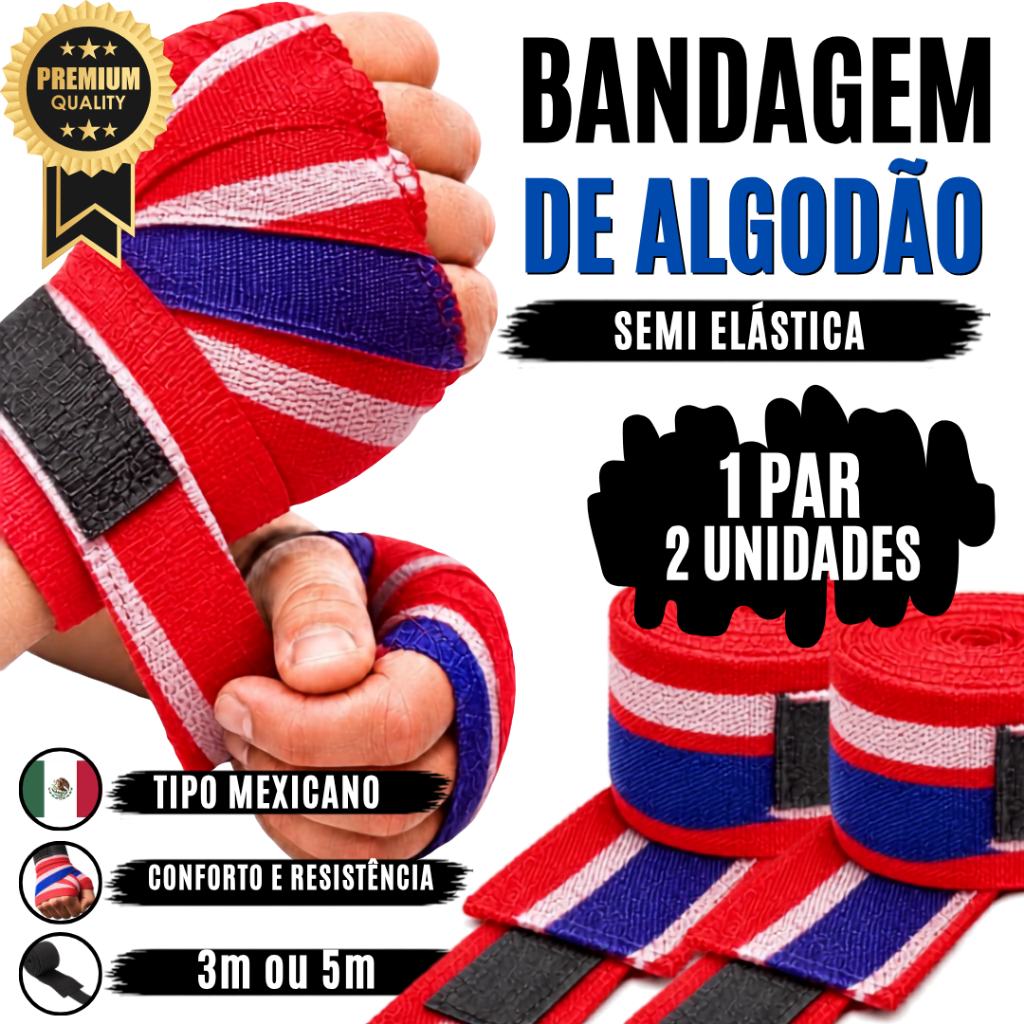 Par de Bandagem Algodão 1,5 - 3 - 5 Metros Alça p/Polegar - para Mãos e Punhos - Luta - Boxe Muay ThaI