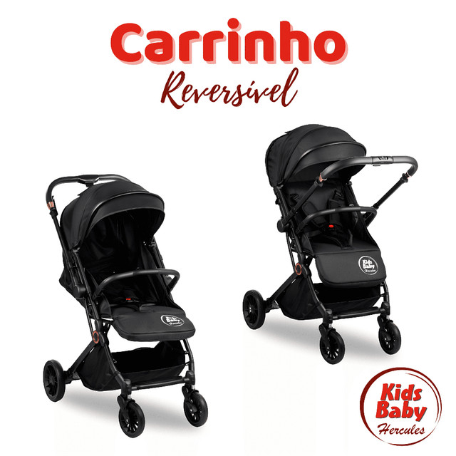 Carrinho de Bebê Passeio Vira Berço Compact com alça reversível Kids Baby Hércules Preto