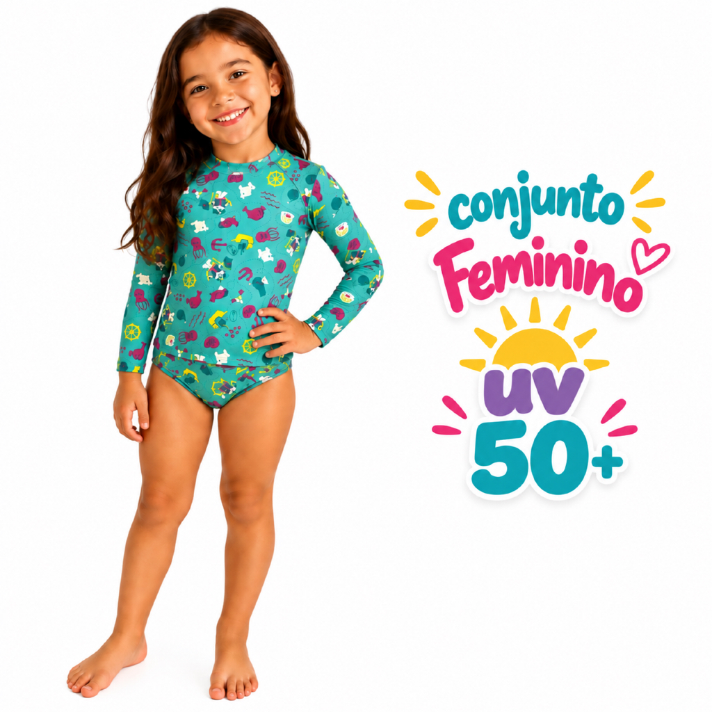 Conjunto Blusa Proteção Solar UV 50+ e calcinha Biquíni Infantil Menina Natação Praia Piscina