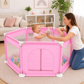 Cercado Infantil Hexagonal Tela Grade Proteção Cercadinho Portão Bebe 130-113CM - Rosa