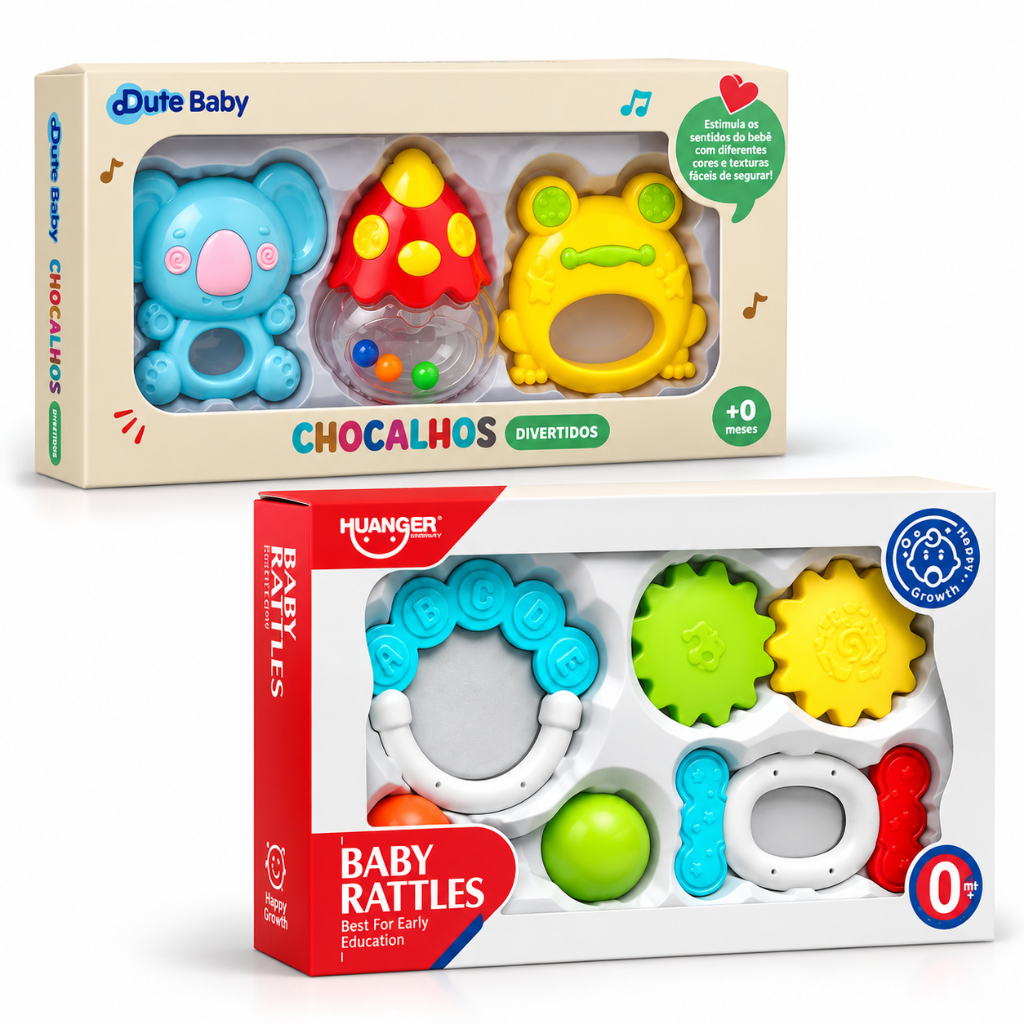 Kit Chocalho Bebê Mordedor Colorido 4 Peças Sensorial Educativo Dentição Seguro Infantil Top