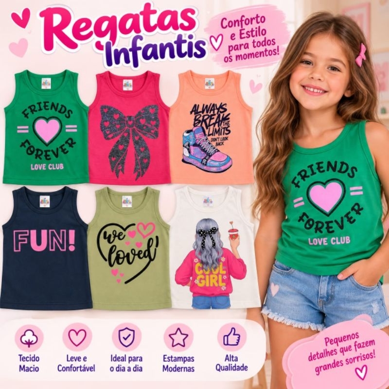 Kit 5 Regatas Infantil Juvenil Feminina do 2 ao 12 Anos Sortido | Camisa Infantil 100% Algodão - Regata para Menina