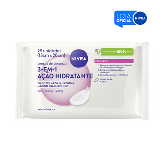 NIVEA Lenços de Limpeza Facial Ação Hidratante 3 em 1 - Pacote com  25 Unidades