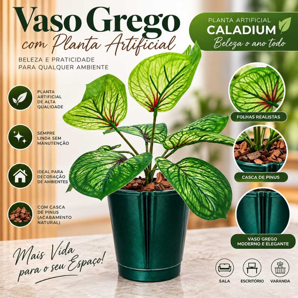Vaso Decorativo Grego com Planta Artificial Caladium e Casca de Pinus