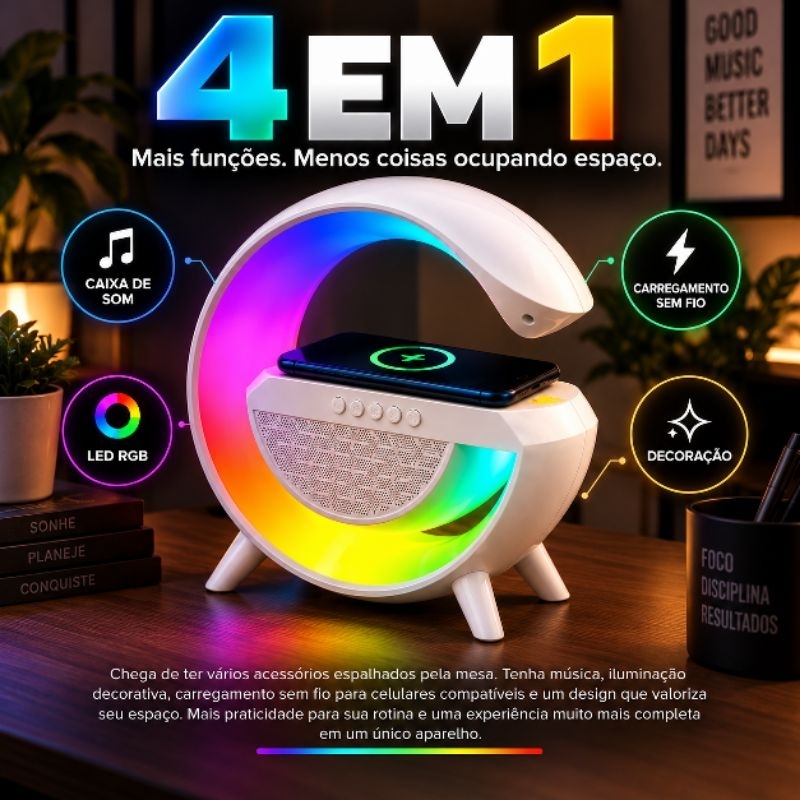 Caixa de Som Portátil Luminária 4 em 1 Branca | Bluetooth | LED RGB | Carregamento Sem Fio | Rádio FM