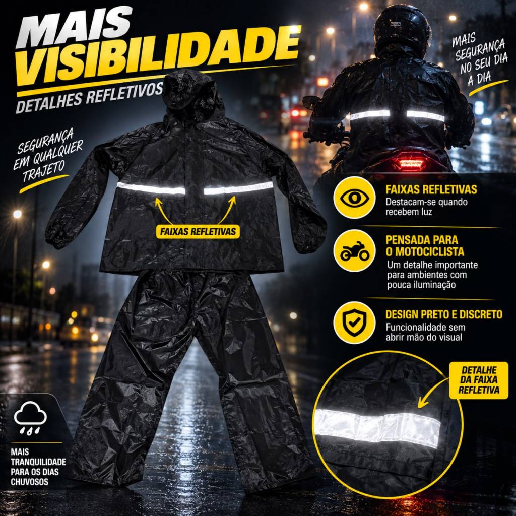 Capa De Chuva Motoqueiro Ciclista Impermeável Reforçada Calça Jaqueta C/ Capuz Confortável Flexível Motoboy e Entregador — imagem 2 de 2